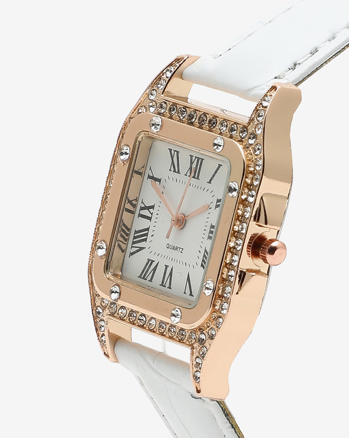 White & Gold Crystal Stone Analog Square Dial With Black Roman Hour Markers & White Leather Strap
