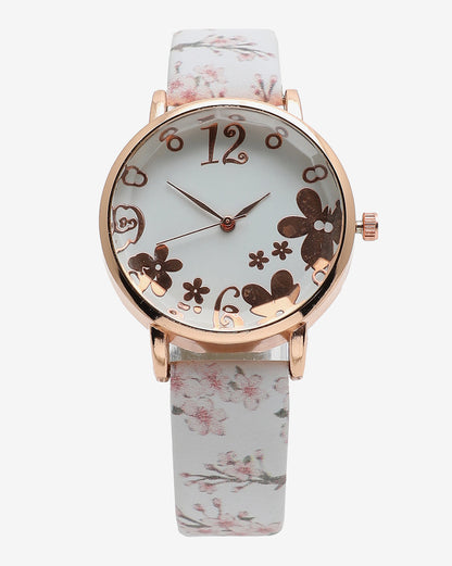 White & Gold Decorative Analog Round Dial With Floral Printed Leather Strap