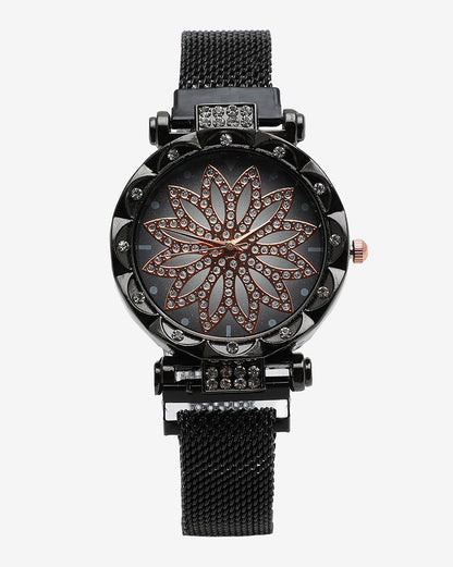 Black Crystal Stone Decorative Analog Round Dial With Black Metal Mesh Strap