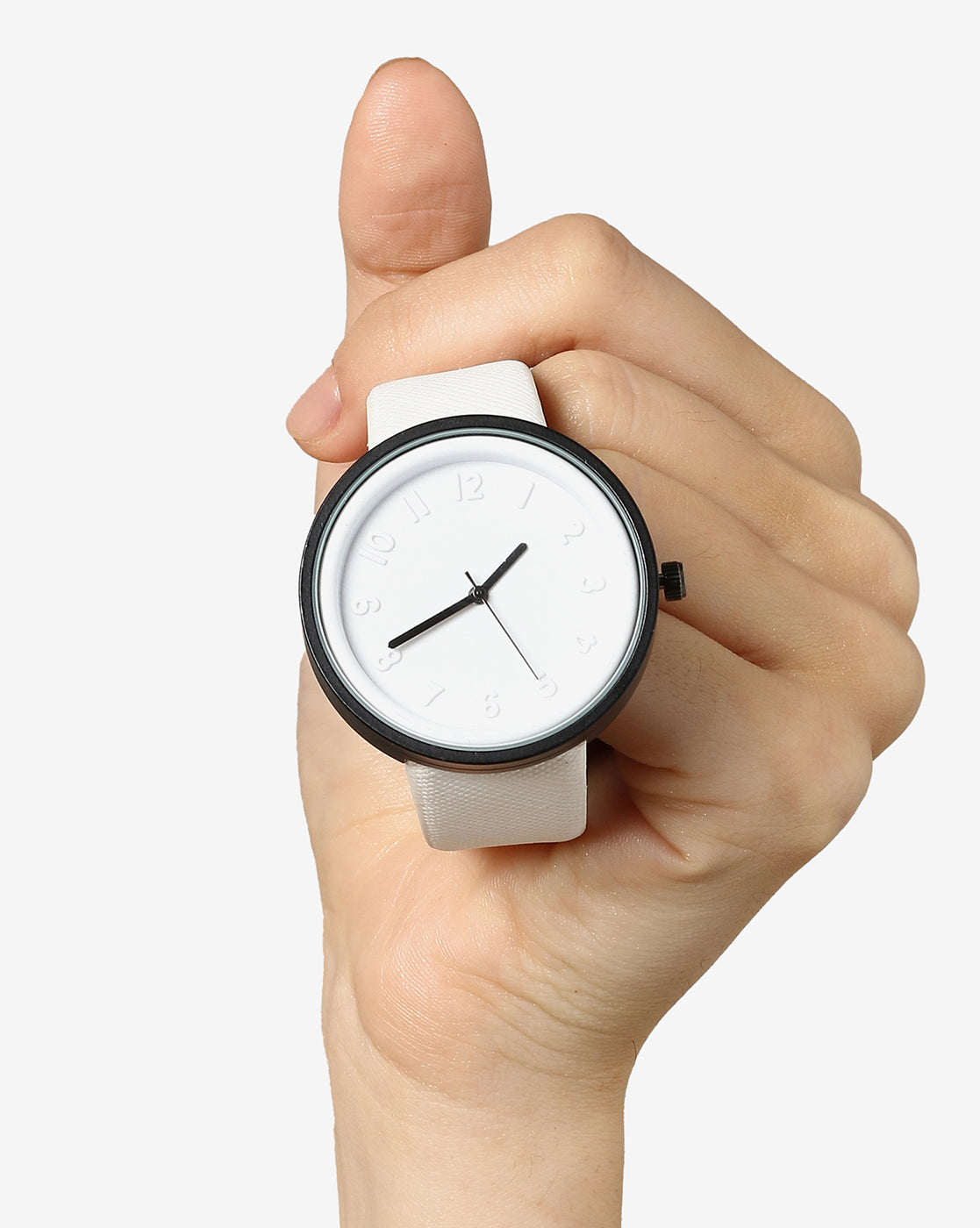White & Black Analog Round Dial With Black Hour Marker & White Leather Strap