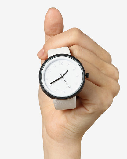 White & Black Analog Round Dial With Black Hour Marker & White Leather Strap