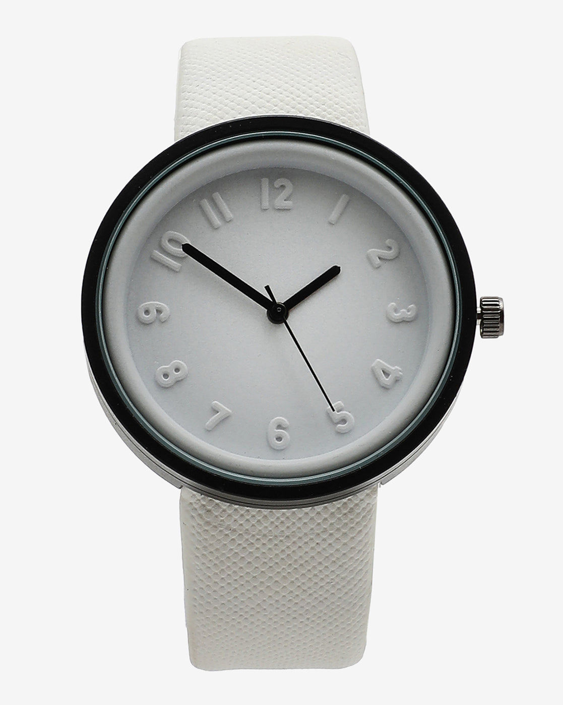 White & Black Analog Round Dial With Black Hour Marker & White Leather Strap