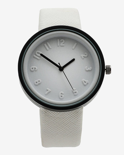 White & Black Analog Round Dial With Black Hour Marker & White Leather Strap