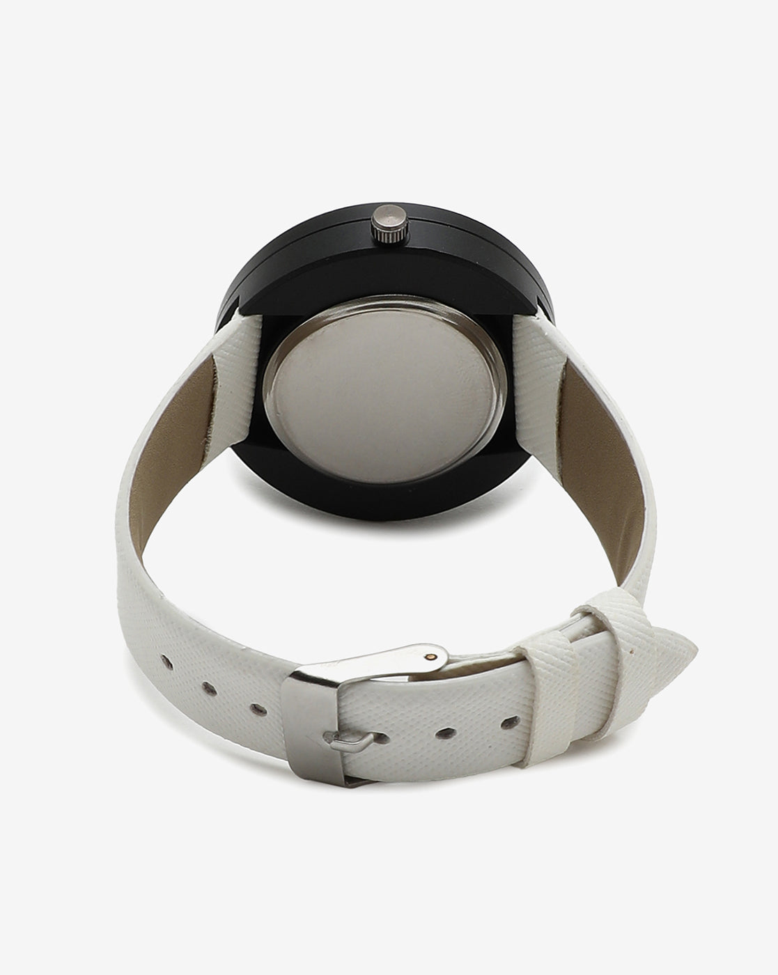 White & Black Analog Round Dial With Black Hour Marker & White Leather Strap