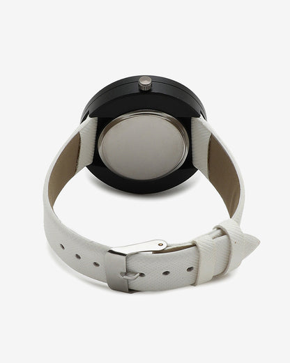 White & Black Analog Round Dial With Black Hour Marker & White Leather Strap