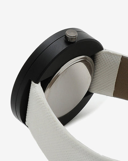 WHITE AND BLACK ANALOG ROUND DIAL WITH BLACK HOUR MARKER AND WHITE LEATHER STRAP
