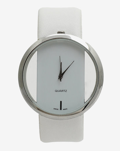 Transparent Analog Round Dial With White Leather Strap