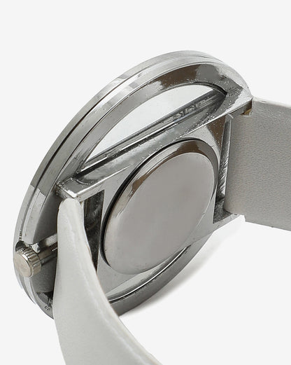 Transparent Analog Round Dial With White Leather Strap