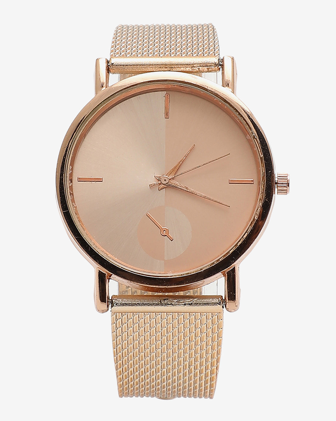 Rose Gold Analog Round Dial With Metal Mesh Strap