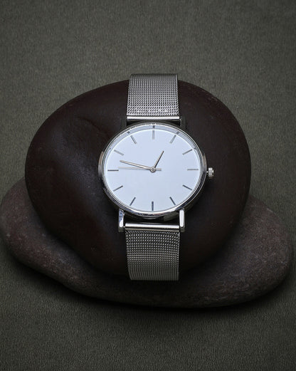 White Analog Round Dial With Silver Metal Mesh Strap