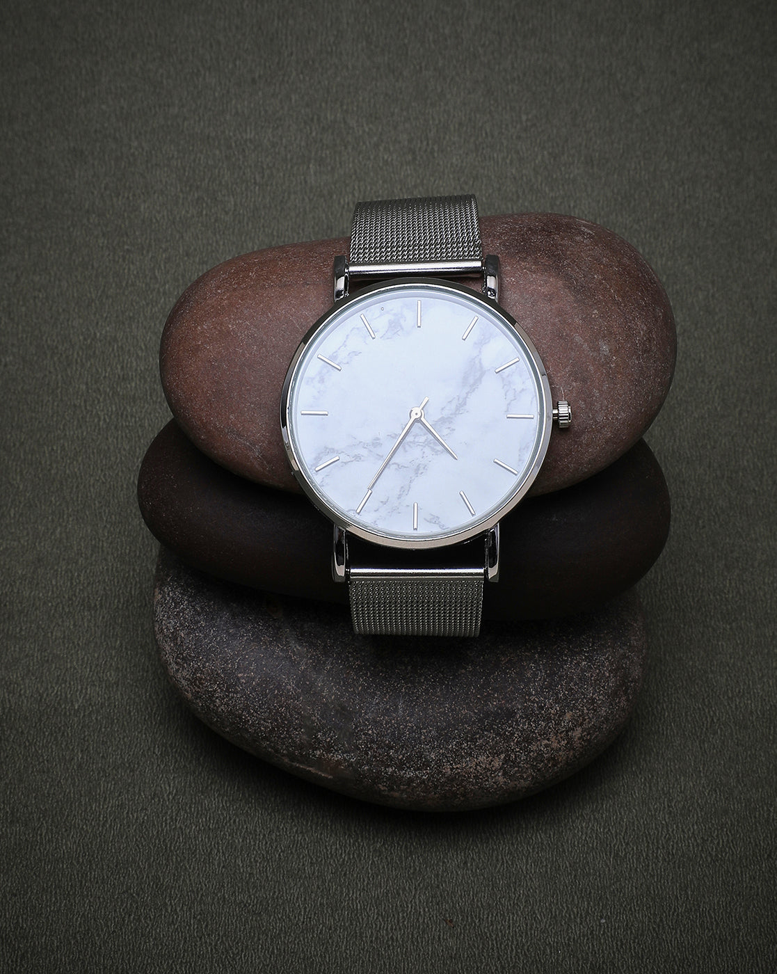 Sleek White Marble Analog Round Dial With Space Grey Metal Mesh Strap
