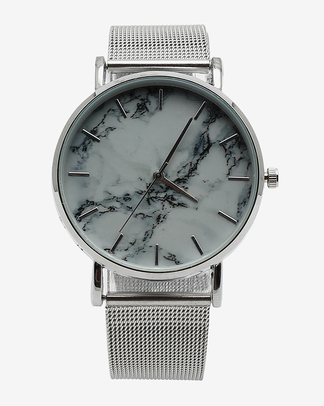 Sleek White Marble Analog Round Dial With Space Grey Metal Mesh Strap