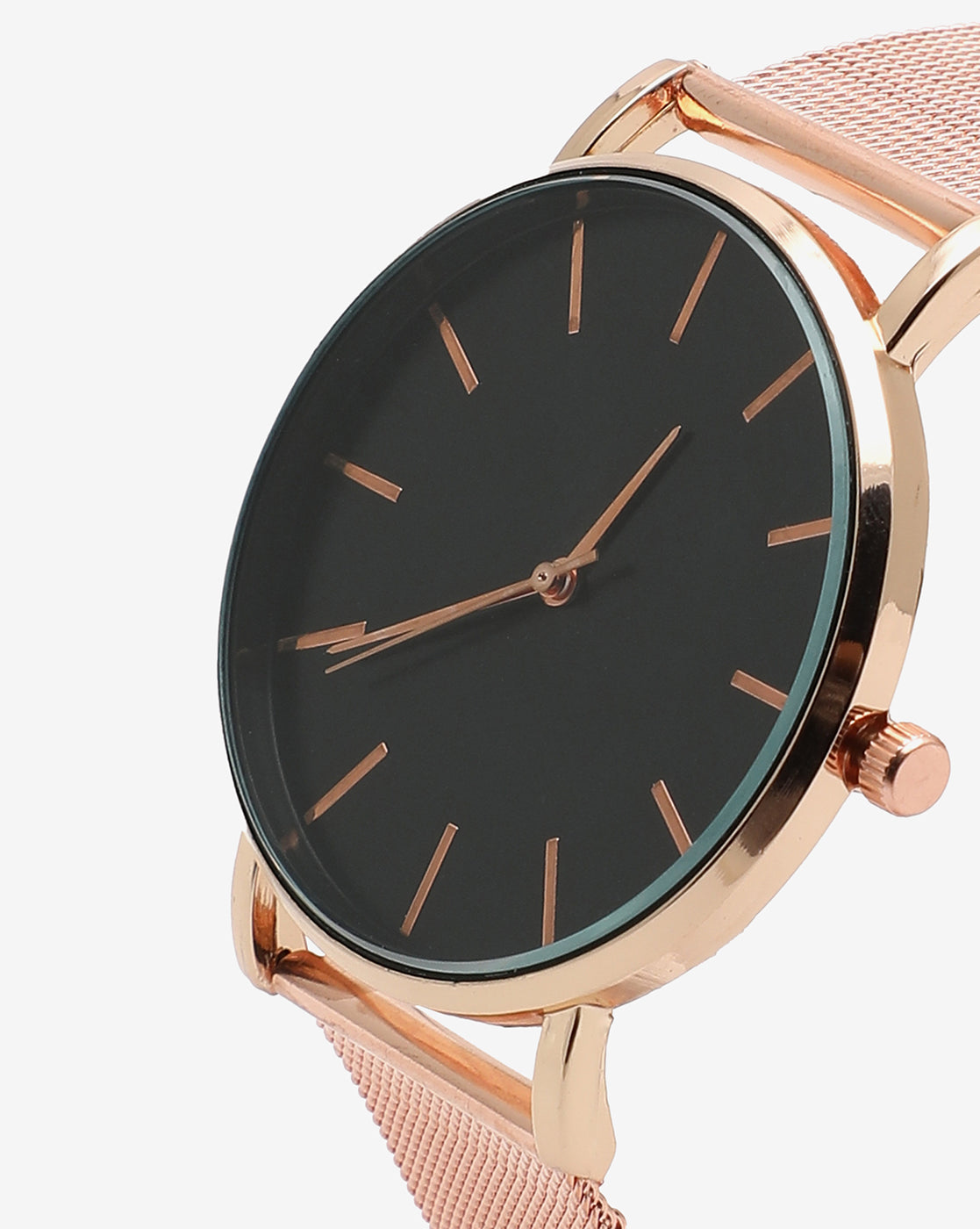 Black Analog Round Dial With Gold Hour Marker & Gold Metal Mesh Strap