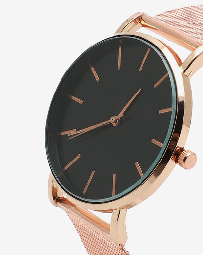 Black Analog Round Dial With Gold Hour Marker & Gold Metal Mesh Strap