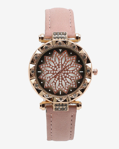 Black & Gold Crystal Stone Decorative Analog Round Dial With Pink Suede Strap