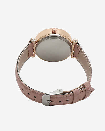 Black & Gold Crystal Stone Decorative Analog Round Dial With Pink Suede Strap