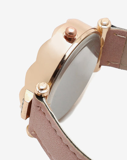 BLACK AND GOLD CRYSTAL STONE DECORATIVE ANALOG ROUND DIAL WITH PINK SUEDE STRAP