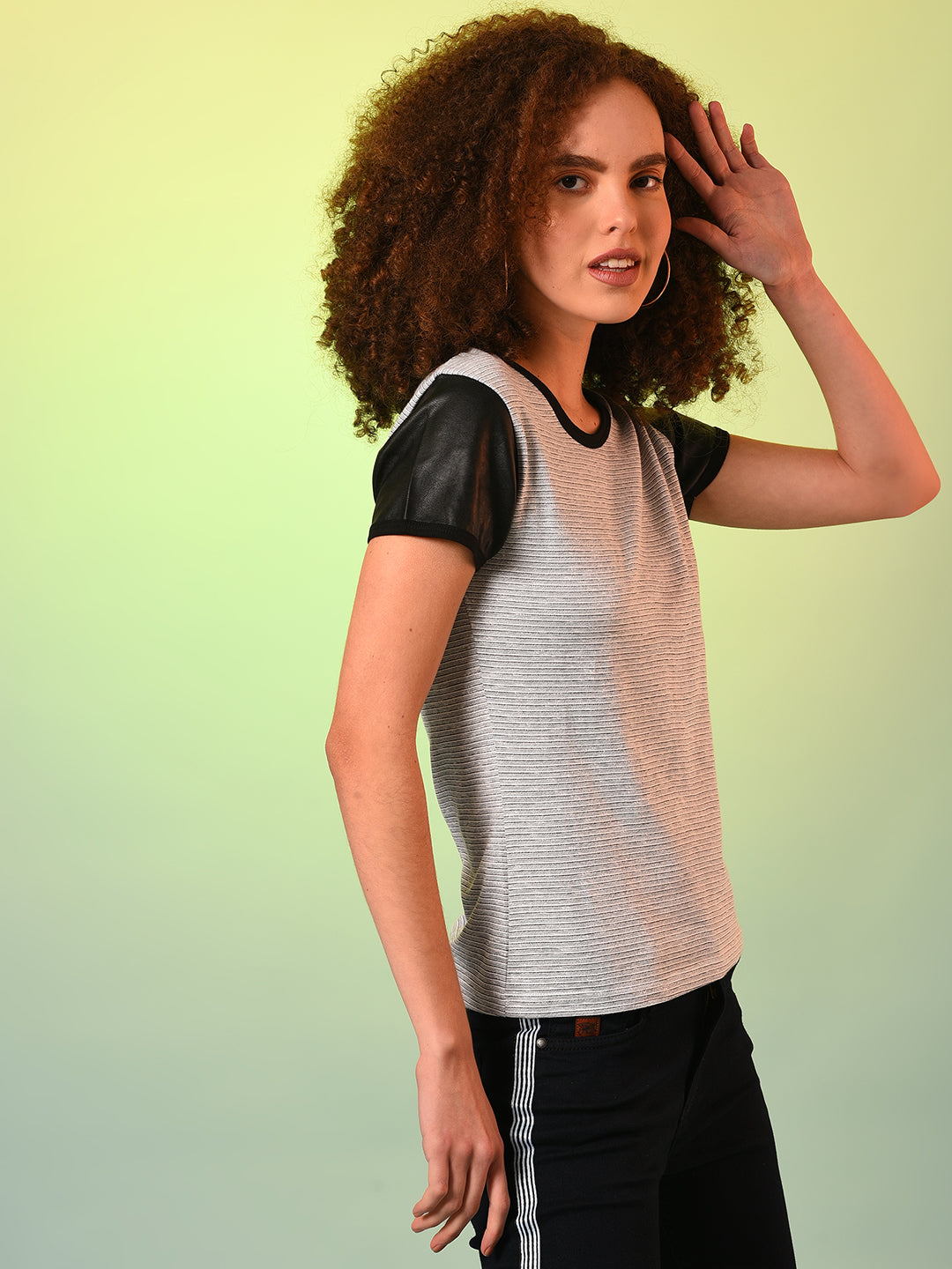 Grey Black Striped Round Neck Pure Cotton Top