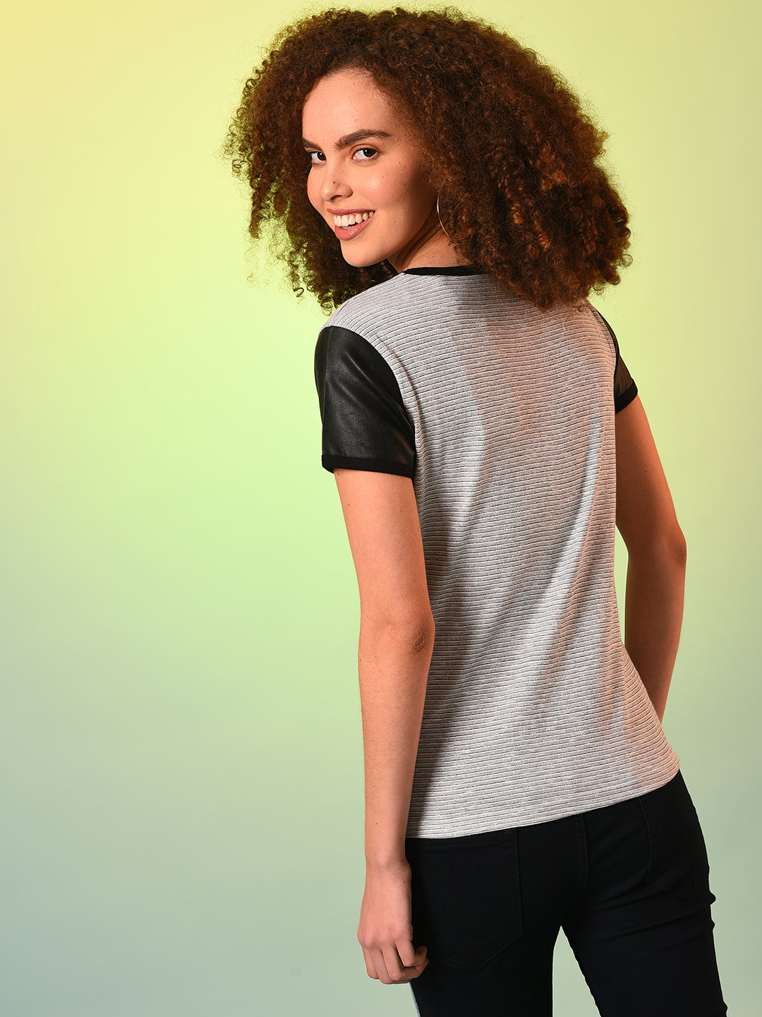 Grey Black Striped Round Neck Pure Cotton Top