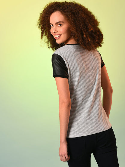 Grey Black Striped Round Neck Pure Cotton Top
