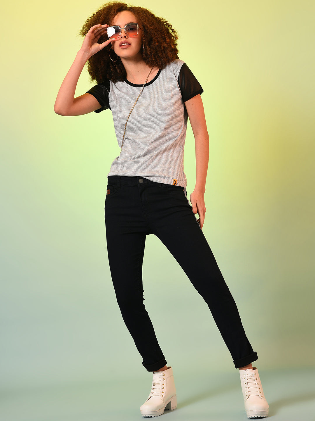 Grey Black Striped Round Neck Pure Cotton Top