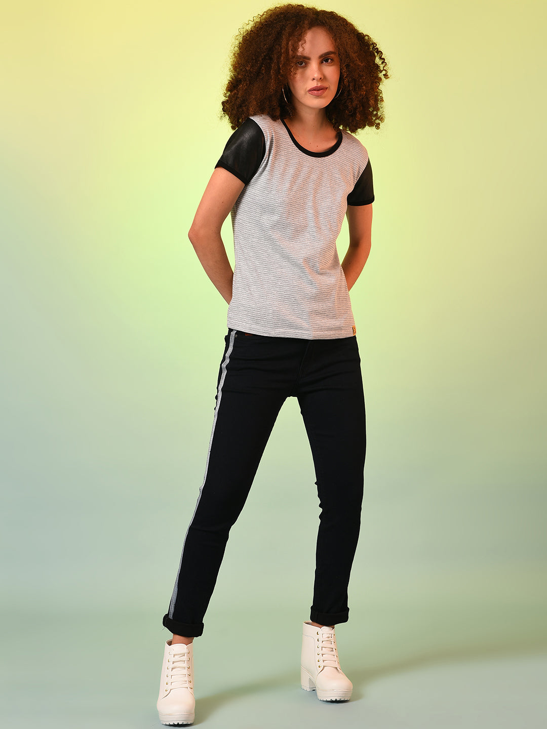 Grey Black Striped Round Neck Pure Cotton Top