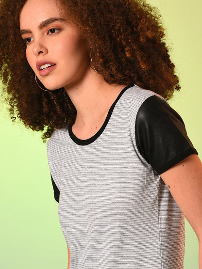 Grey Black Striped Round Neck Pure Cotton Top