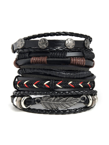 Set of 4 Men Black Leather Bracelet