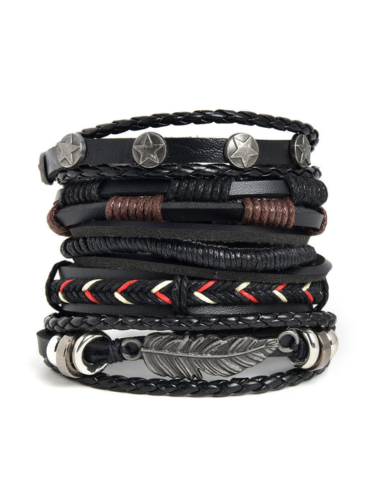Set of 4 Men Black Leather Bracelet