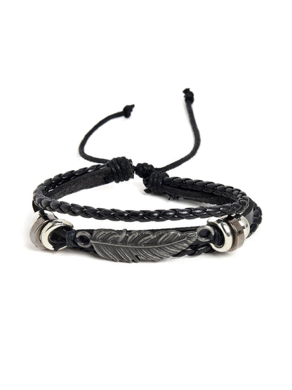 Set of 4 Men Black Leather Bracelet