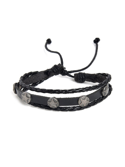 Set of 4 Men Black Leather Bracelet