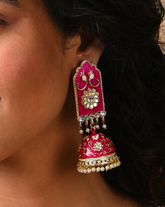 Women Pink Meenakari Jhumkas