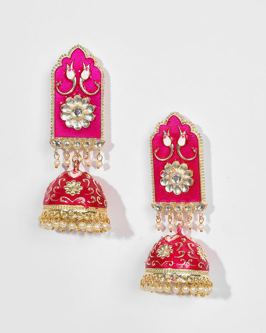 Women Pink Meenakari Jhumkas