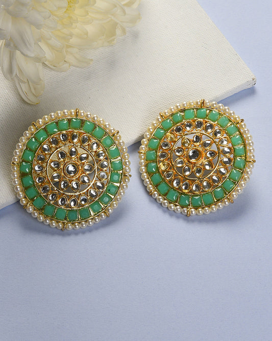 Women Green Kundan Round Stud Earrings