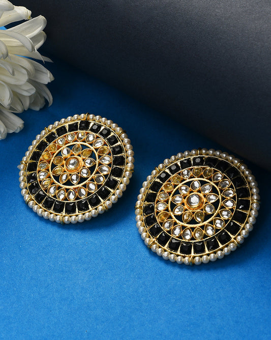 Women Black Kundan Round Stud Earrings