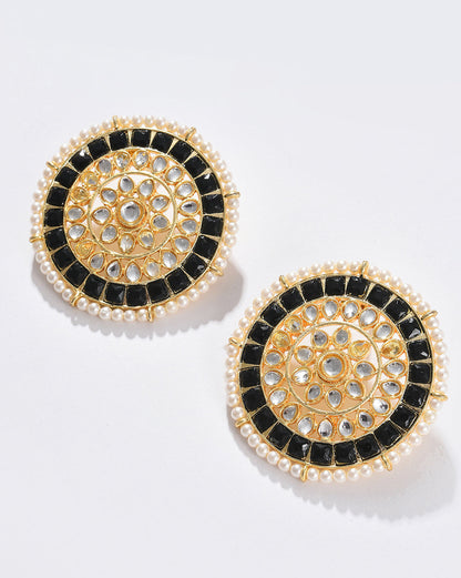 Women Black Kundan Round Stud Earrings