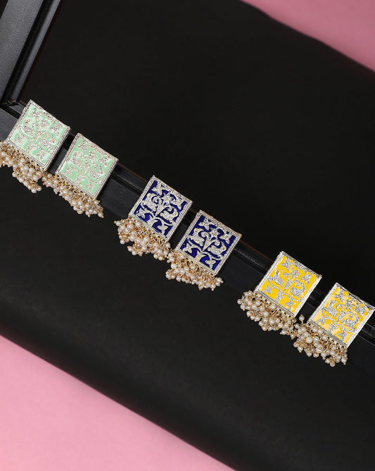 Pack of 3 Meenakari Pearl Laheriya Studs