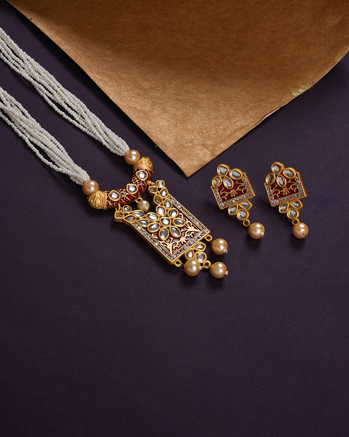 Gold Plated Kundan Pearl Necklace and Earrings Set