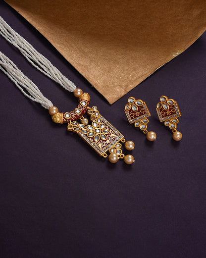 Gold Plated Kundan Pearl Necklace and Earrings Set