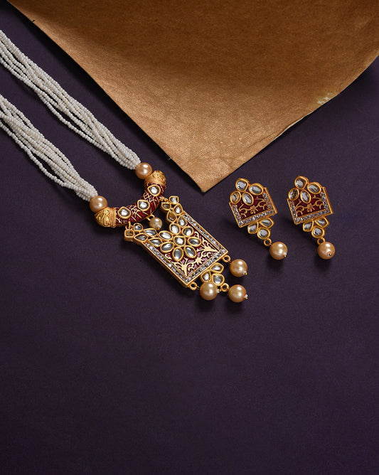Gold Plated Kundan Pearl Necklace and Earrings Set