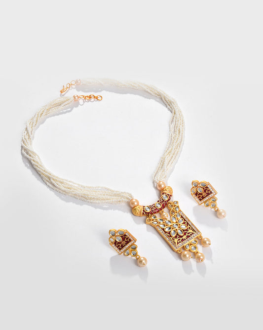 Gold Plated Kundan Pearl Necklace and Earrings Set