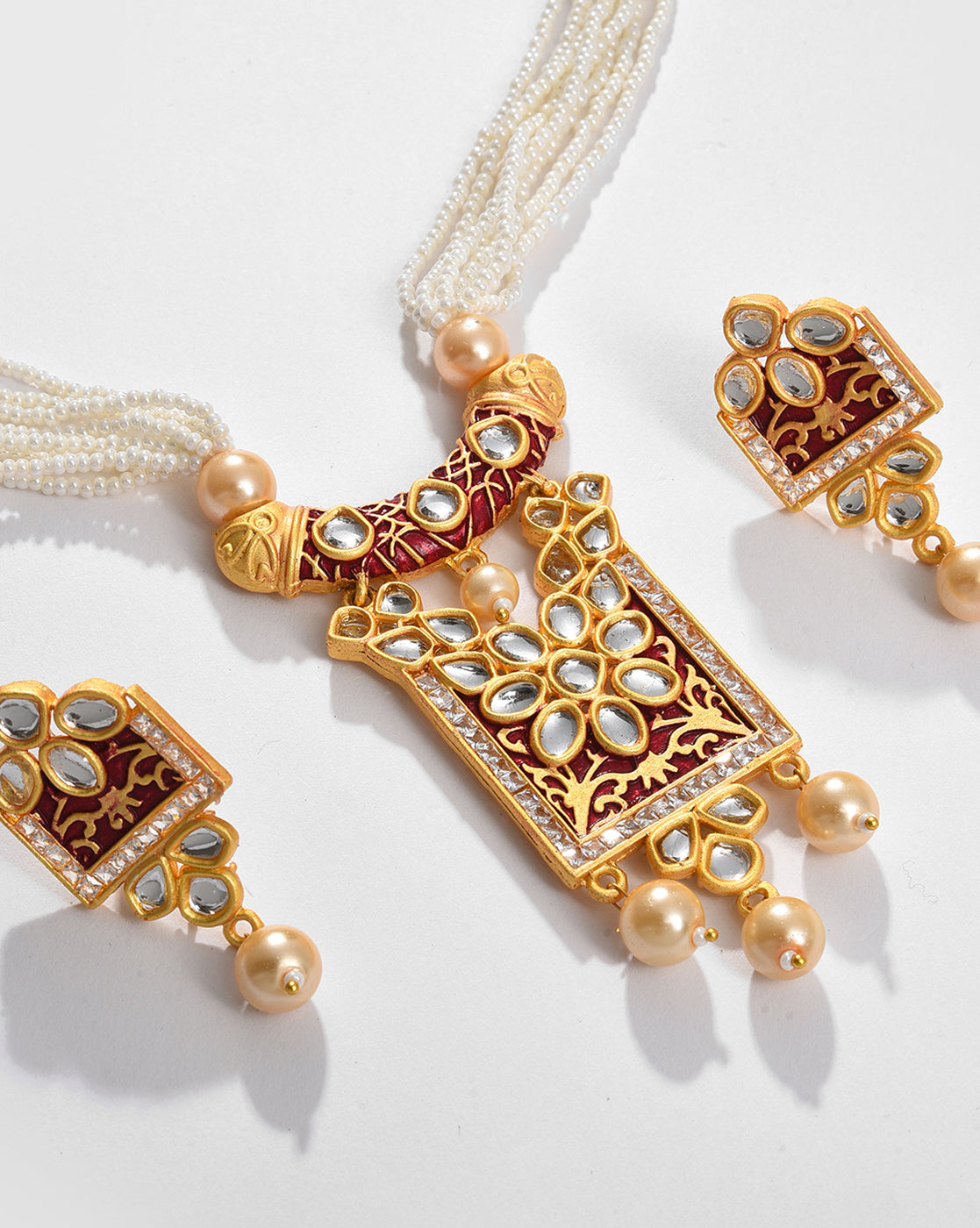 Gold Plated Kundan Pearl Necklace and Earrings Set