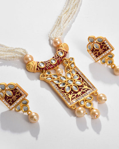 Gold Plated Kundan Pearl Necklace and Earrings Set