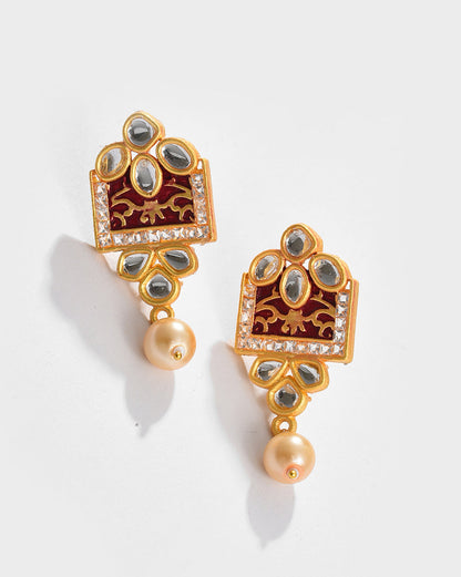 Gold Plated Kundan Pearl Necklace and Earrings Set