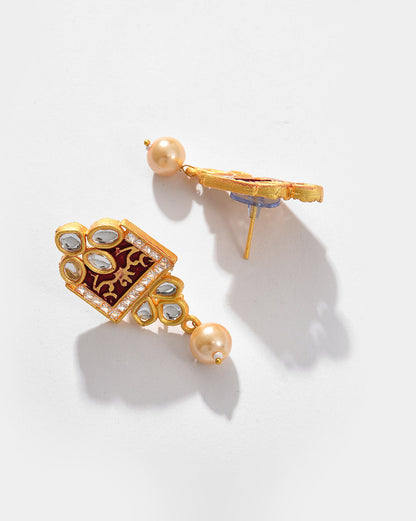 Gold Plated Kundan Pearl Necklace and Earrings Set