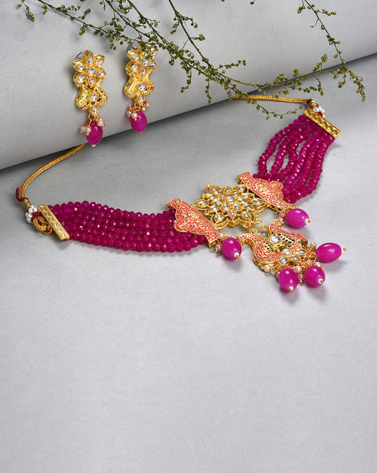 Gold Plated Designer Stone Beaded Necklace and Earrings Set