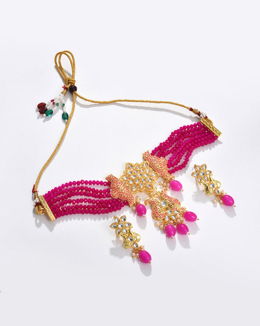 Gold Plated Designer Stone Beaded Necklace and Earrings Set