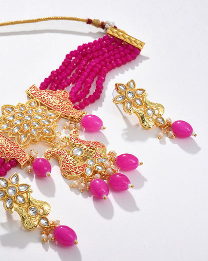 Gold Plated Designer Stone Beaded Necklace and Earrings Set