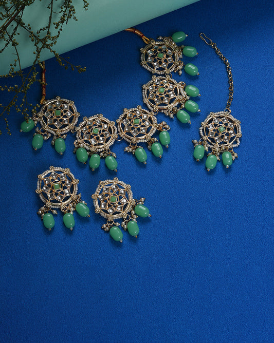 Gold Plated Kundan Beaded Necklace, Earrings and Maang Tikka Set