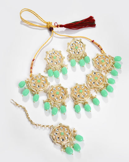 Gold Plated Kundan Beaded Necklace, Earrings and Maang Tikka Set